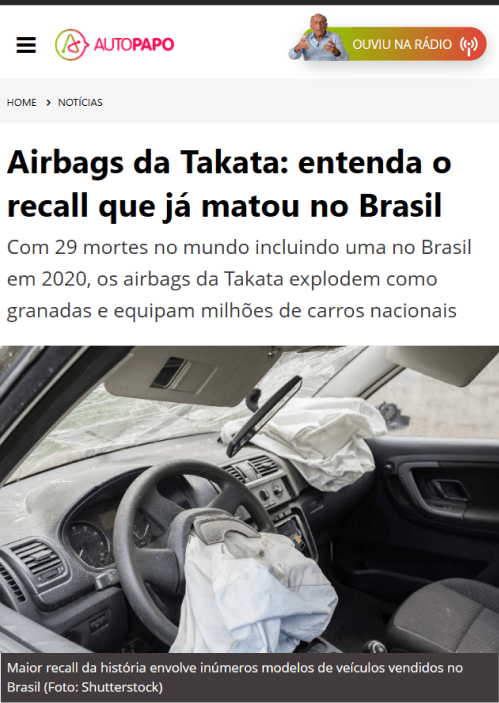 Noticia: 'Airbag da Takata defeituoso pode causar mais mortes'